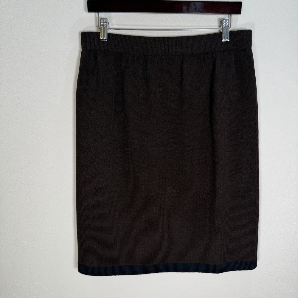 ST. JOHN Collection Skirt Womens Sz 14 Brown Santana Knit Black Trim Classic - Picture 4 of 7